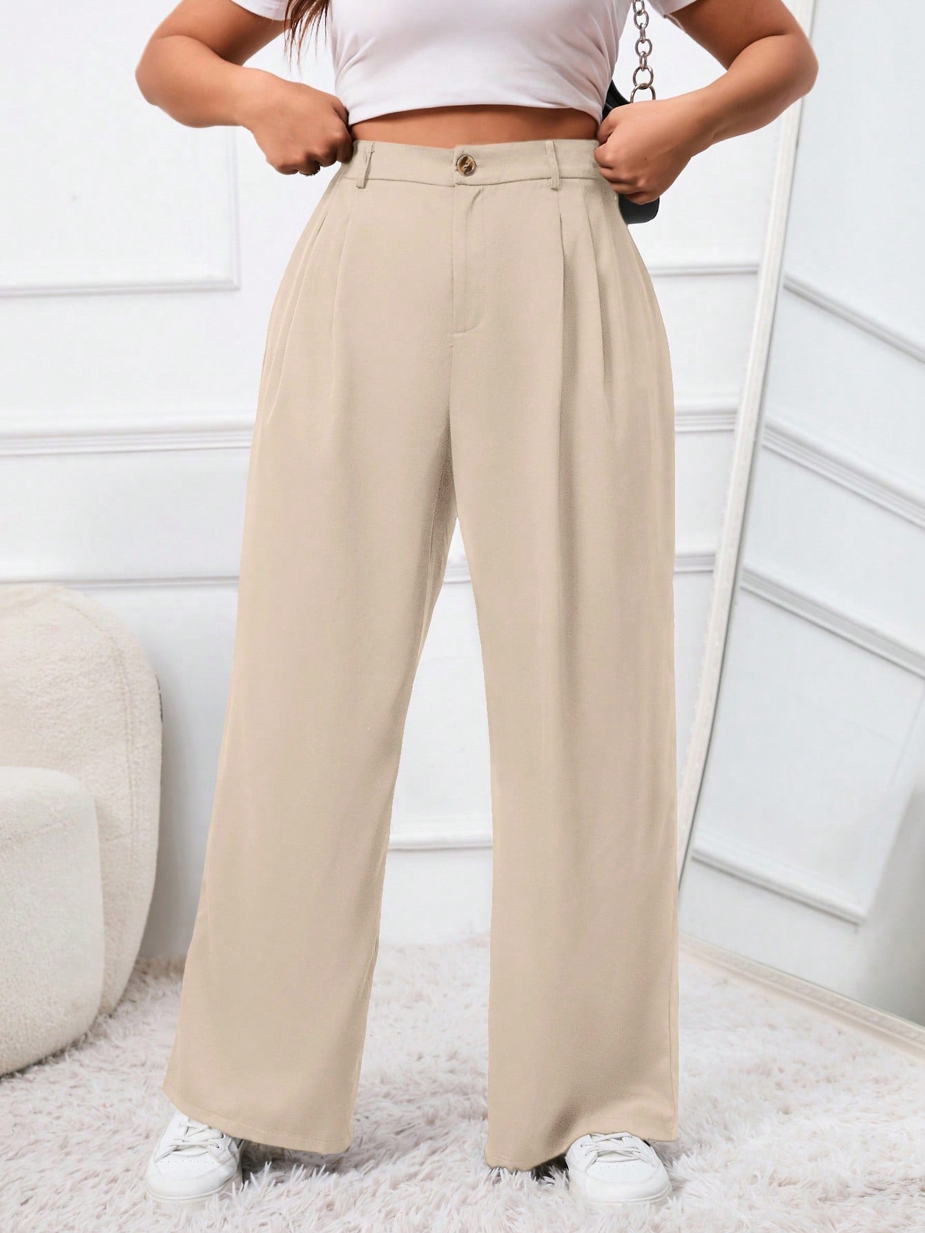 Plus Size Solid Color Button Fabric Pleated Dress Pants