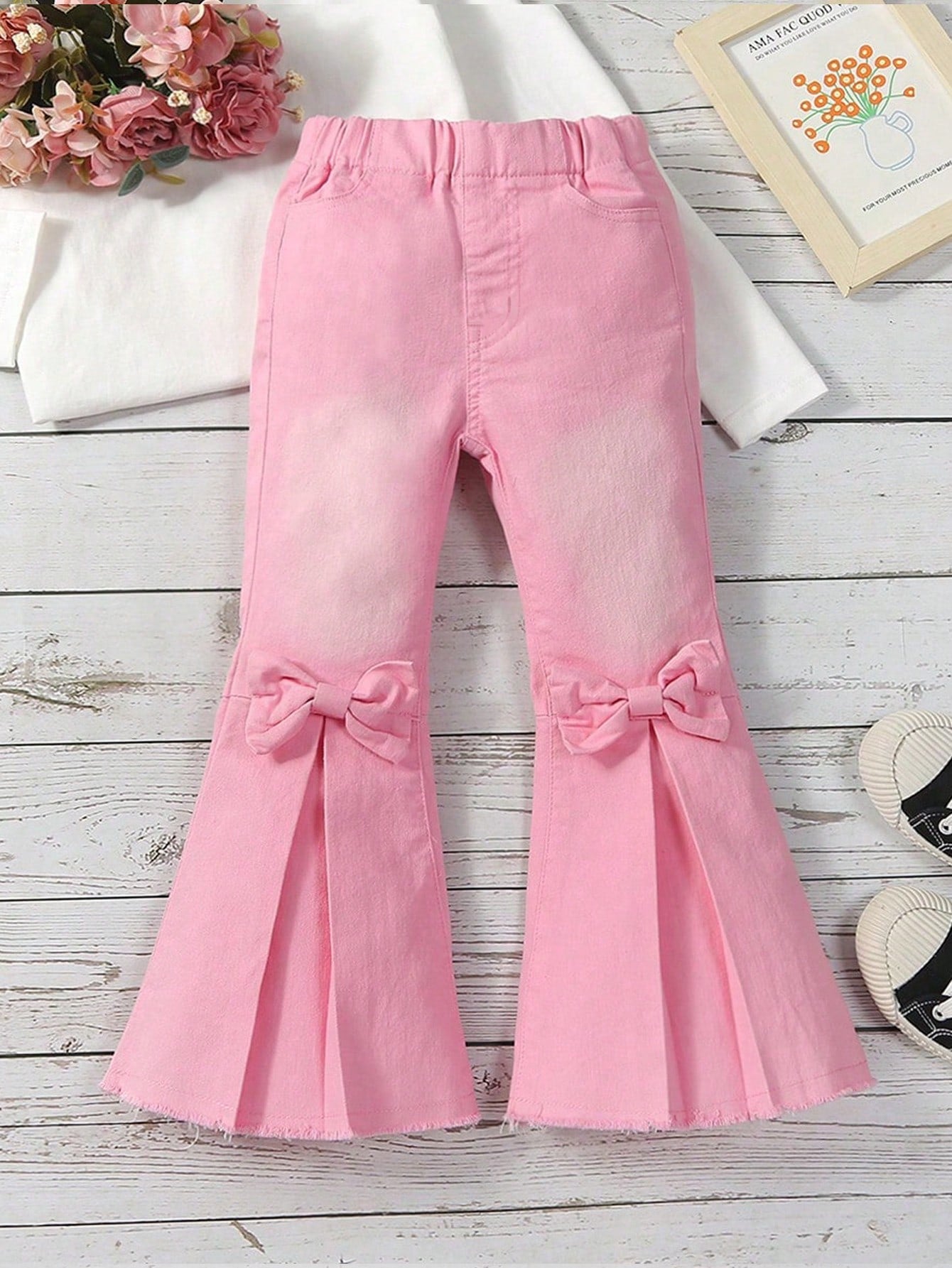 Young Girl Bow Front Fold Pleated Raw Hem Flare Leg Jeans