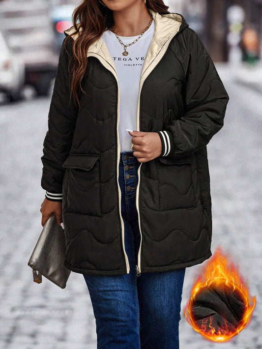 Plus Flap Pocket Raglan Sleeve Hooded Puffer Coat