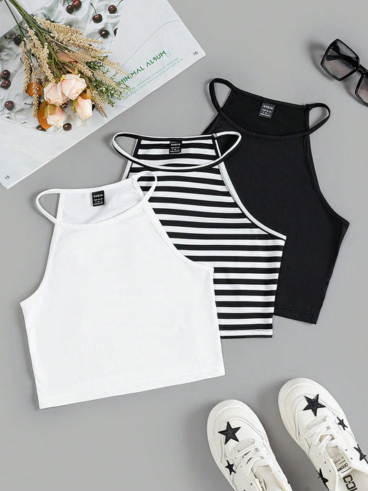 Summer 3pcs/Set Knitted Striped Halter Tight Top With Color-Blocking Design