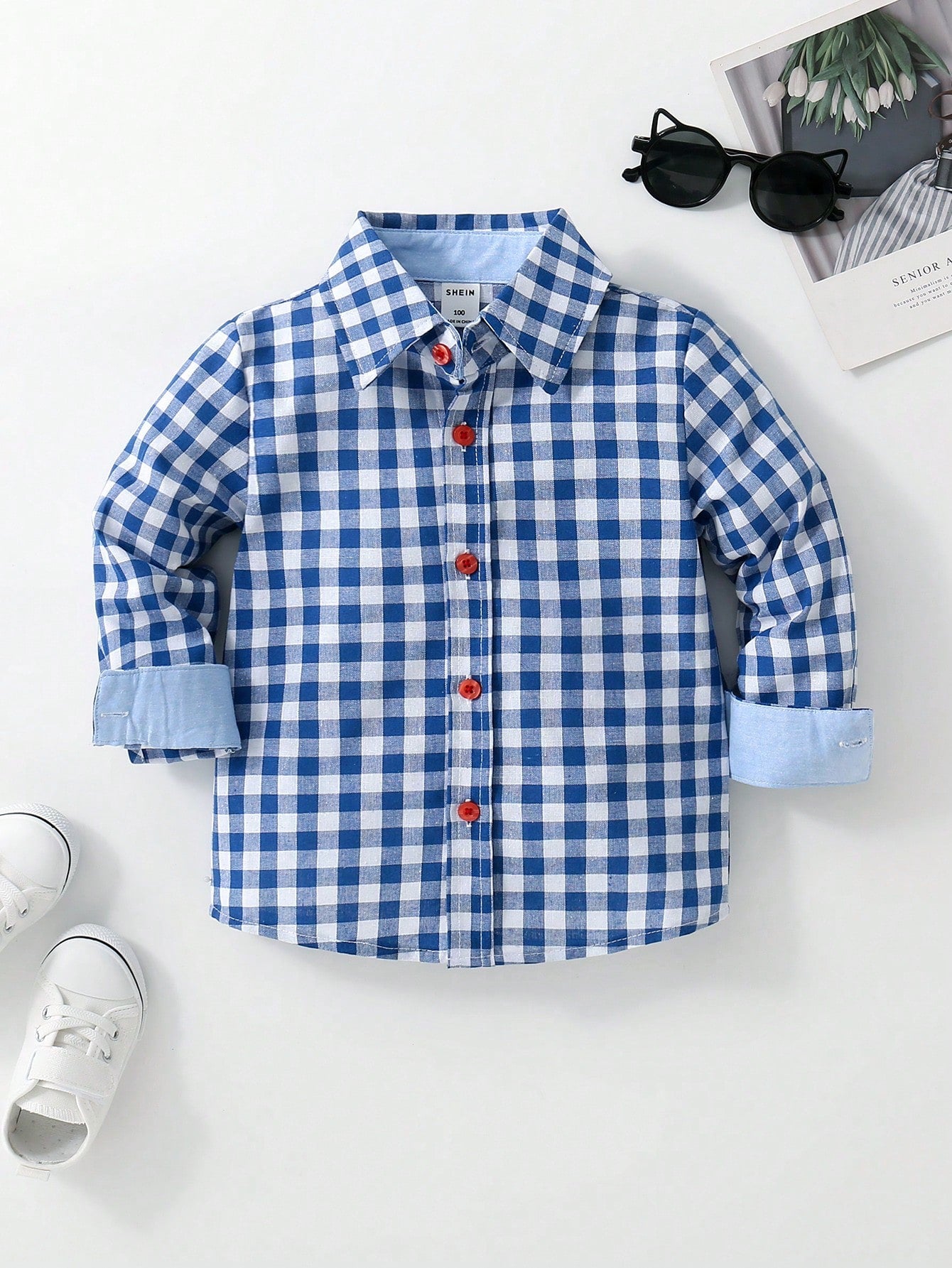 Young Boy Gingham Print Button Up Shirt