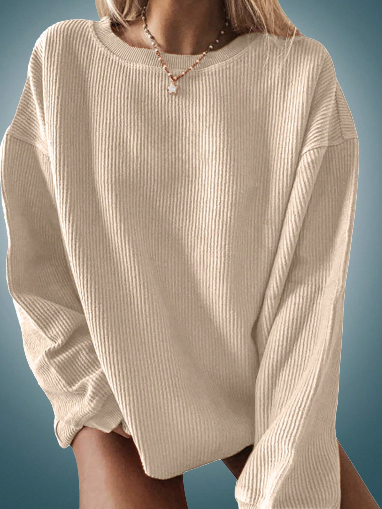 Solid Drop Shoulder Oversized Ribbed Knit Sweatshirt