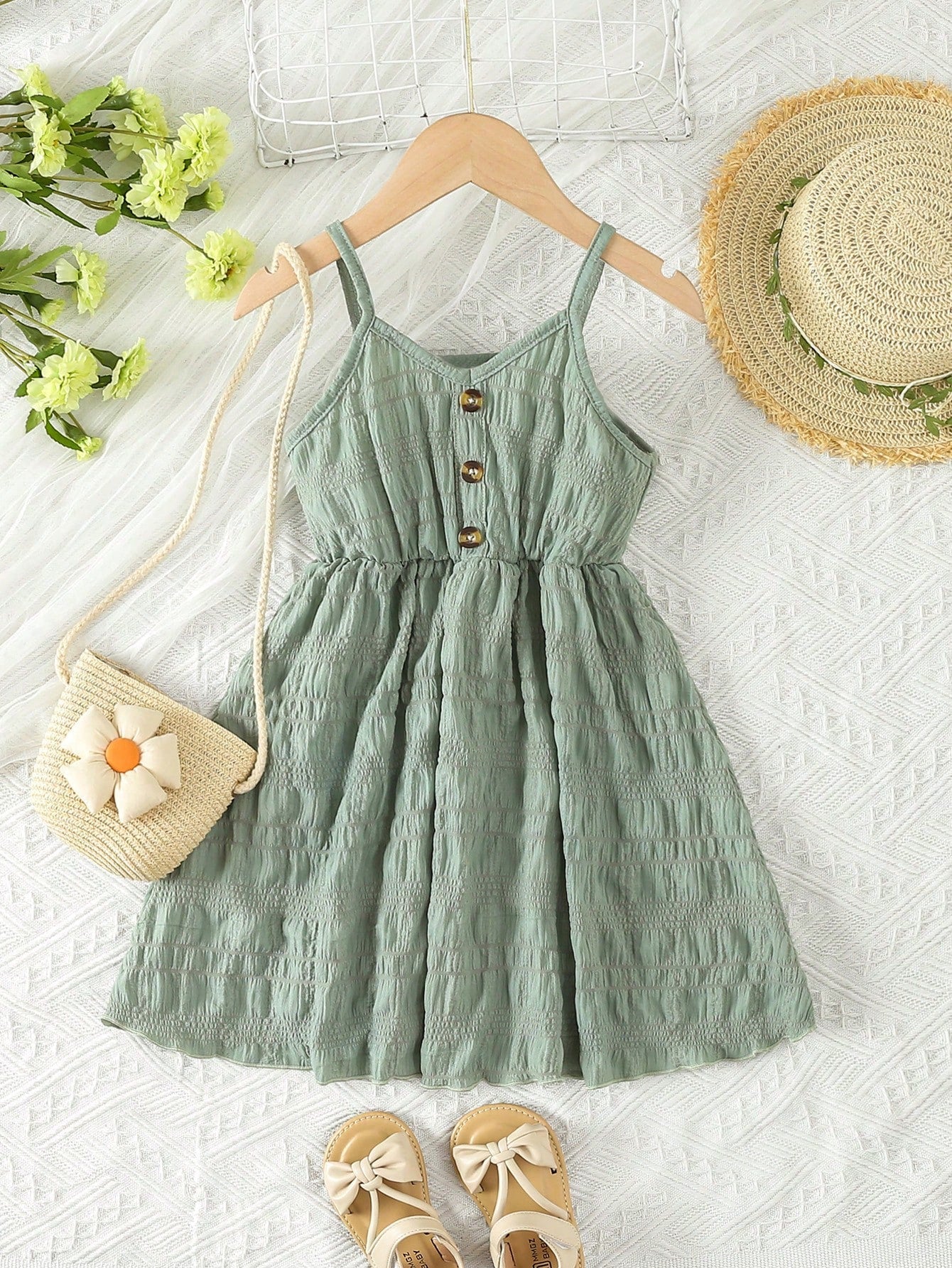 Young Girl Blue Spring Style V-neck Spaghetti Strap Dress With Rolled Edge And Gathered Waist, Summer