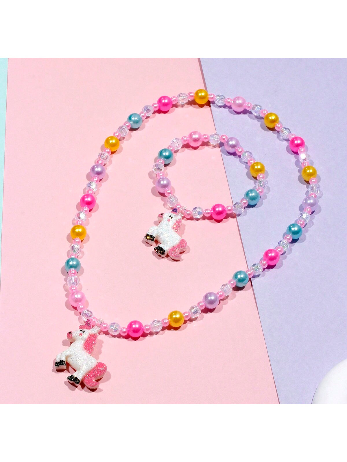 2pcs/Set Kid Girls' Cute Unicorn Pendant Charm Beaded Bracelet And Necklace Set(Random Color) For Festival Party Birthday Gift Accessories