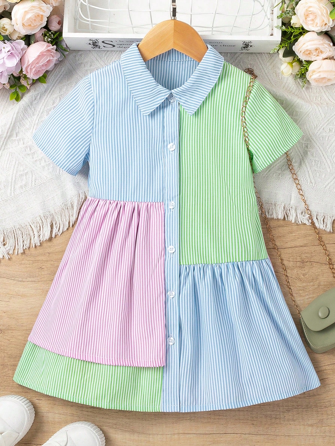 Young Girl Multicolor Striped Color Block Elegant Collared Short Sleeve A-line Dress For Summer