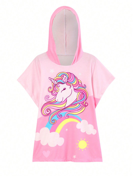 Young Girl Hooded Toweling Cover Up With Cartoon Print