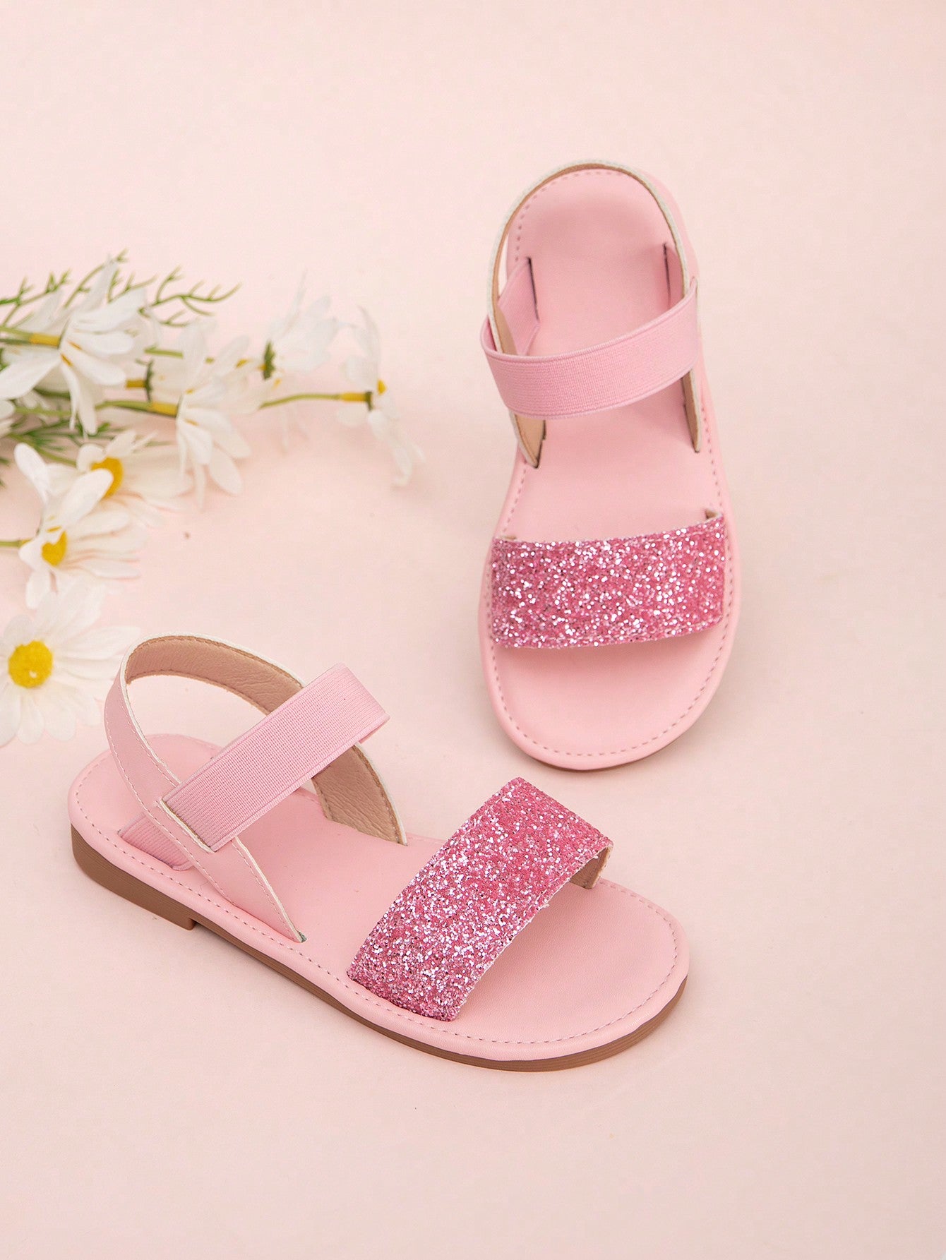 1pair Girls Glitter Single Band Ankle Strap Flat Sandals For Summer