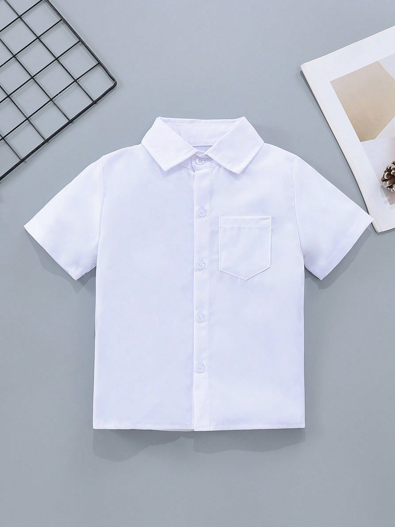 Young Boy Classic College Style Pocketed White Short Sleeve Shirt For Formal Events, Parties, Performances