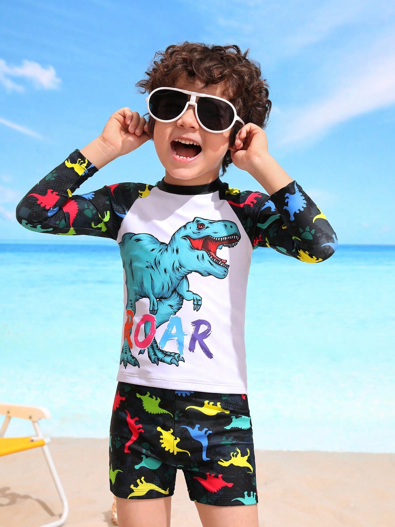 Young Boy Cute Dinosaur Printed Long Sleeve T-Shirt And Square-Leg Swimming Trunks