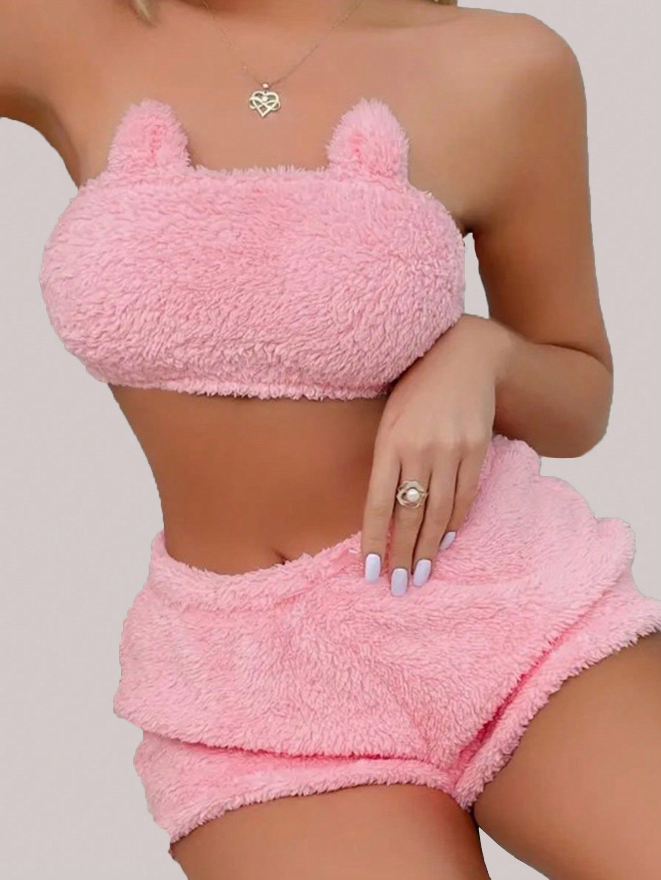 New Arrivals Women's Plush Sexy Strapless Crop Top And Shorts Two Piece Set