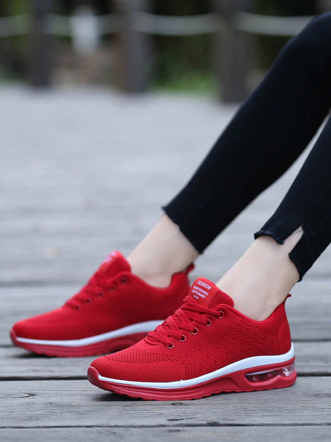 Women's Mesh Breathable Sneakers With Thick Red Sole & Air Cushion Design And Comfortable Lace-Up Closure, Perfect For Highway Running And Travel, Spring New Arrival