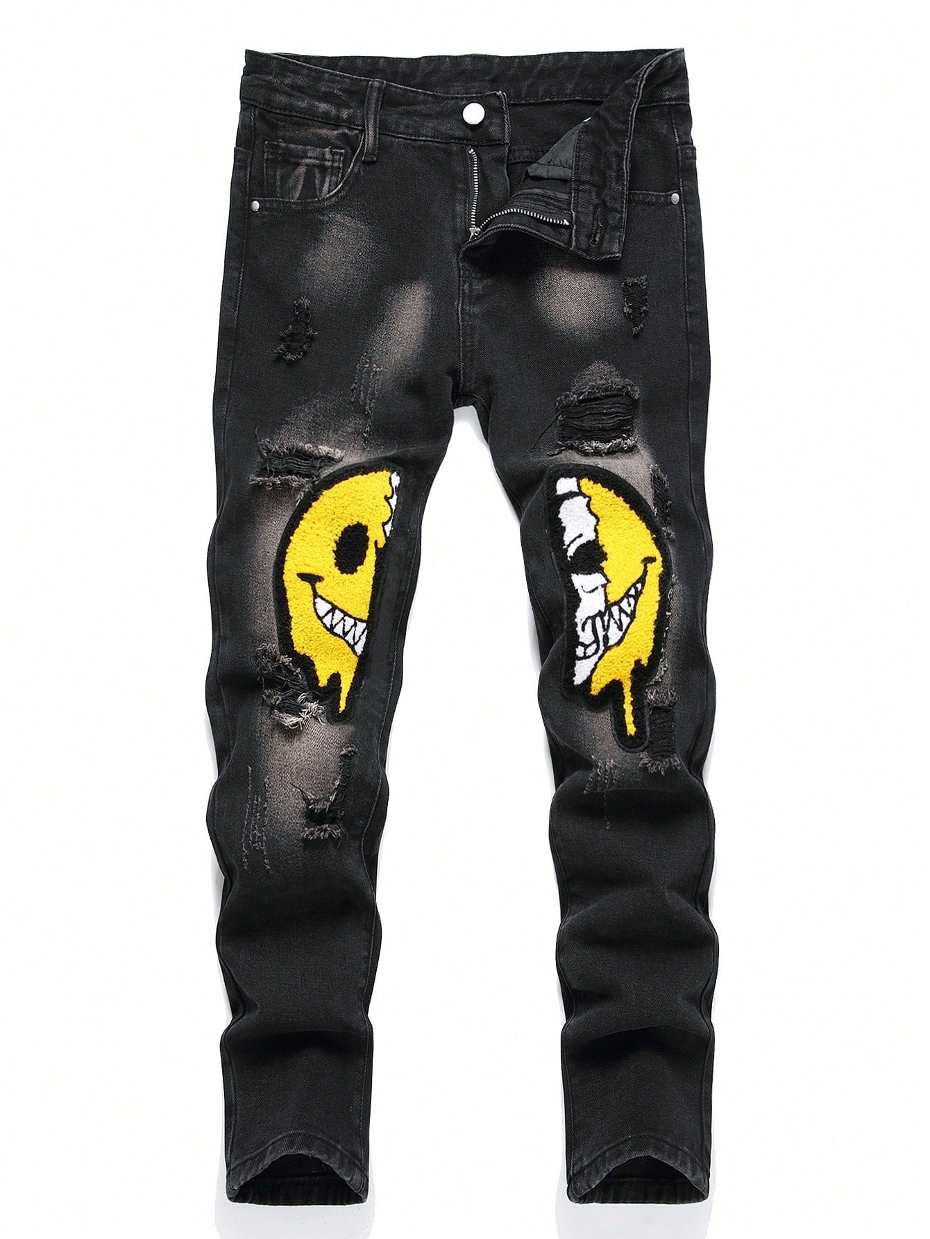 Teenage Boys' Stylish Patch Embroidered Ripped Jeans