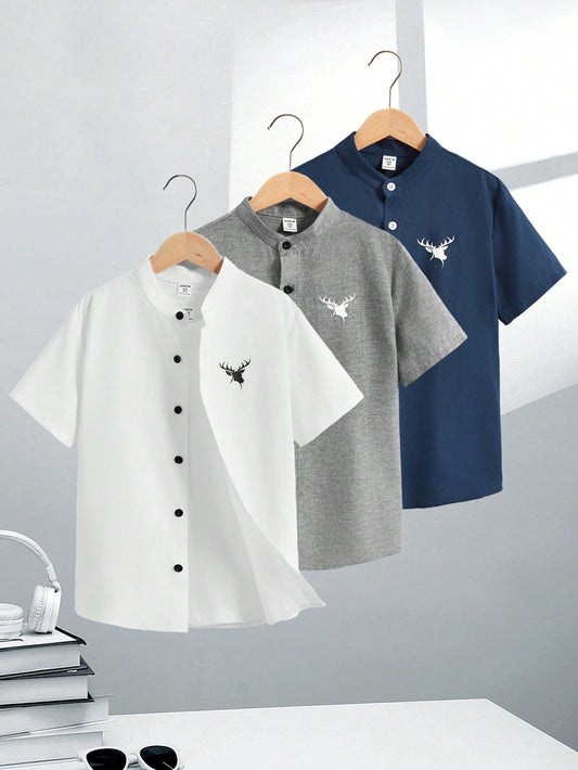 3pcs Tween Boys' Loose Fit Casual Stand Collar Woven Short Sleeve Shirt Set