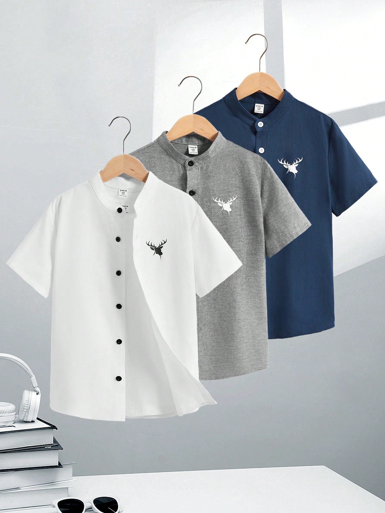 Teen Boy 3pcs/Set Leisure College Commute Short Sleeve Shirt With Printed Deer Pattern On Front Chest And Small Stand Collar, Woven, Spring/Summer