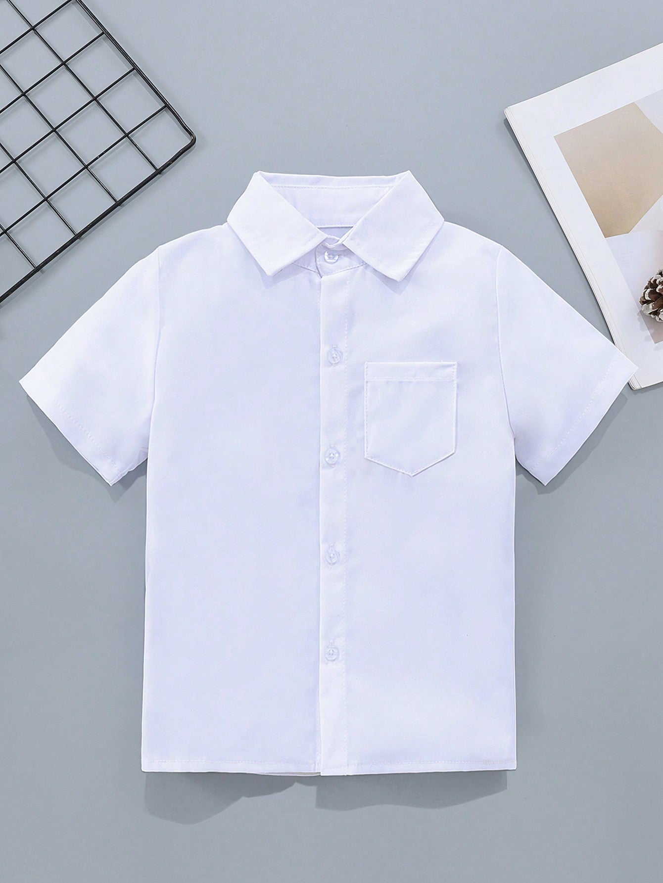 Tween Boy Classic Casual College Style Button Down White Short Sleeve Shirt, For Formal Events, College Parties, And Performances