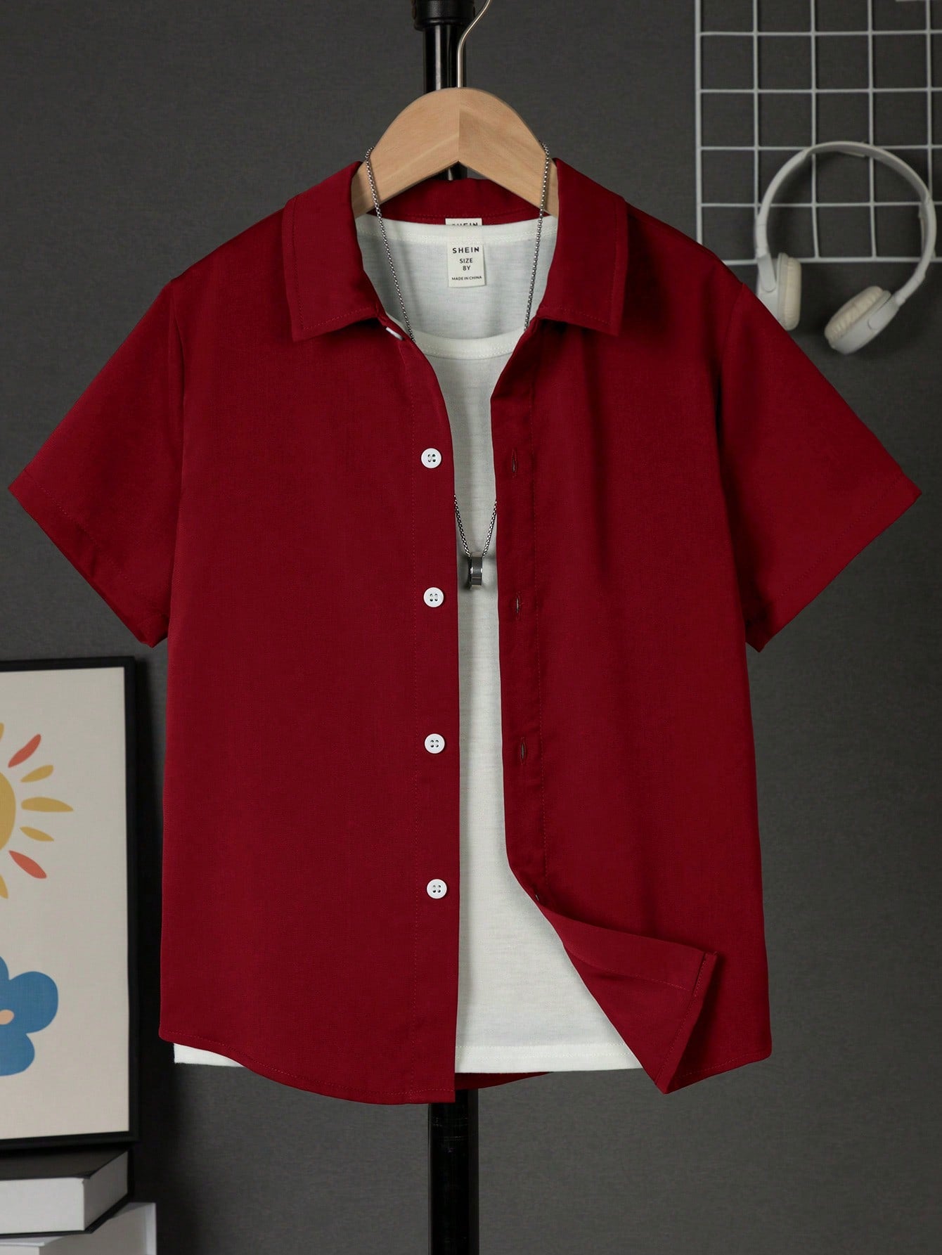 Tween Boys' Vacation Style Solid Color Turn-Down Collar Short Sleeve Woven Shirt