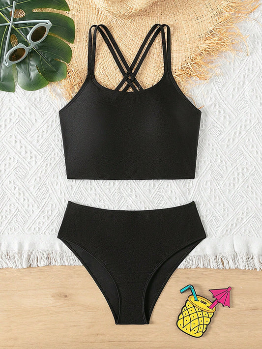 Teen Girl Solid Color Crisscross Back Bikini Swimsuit