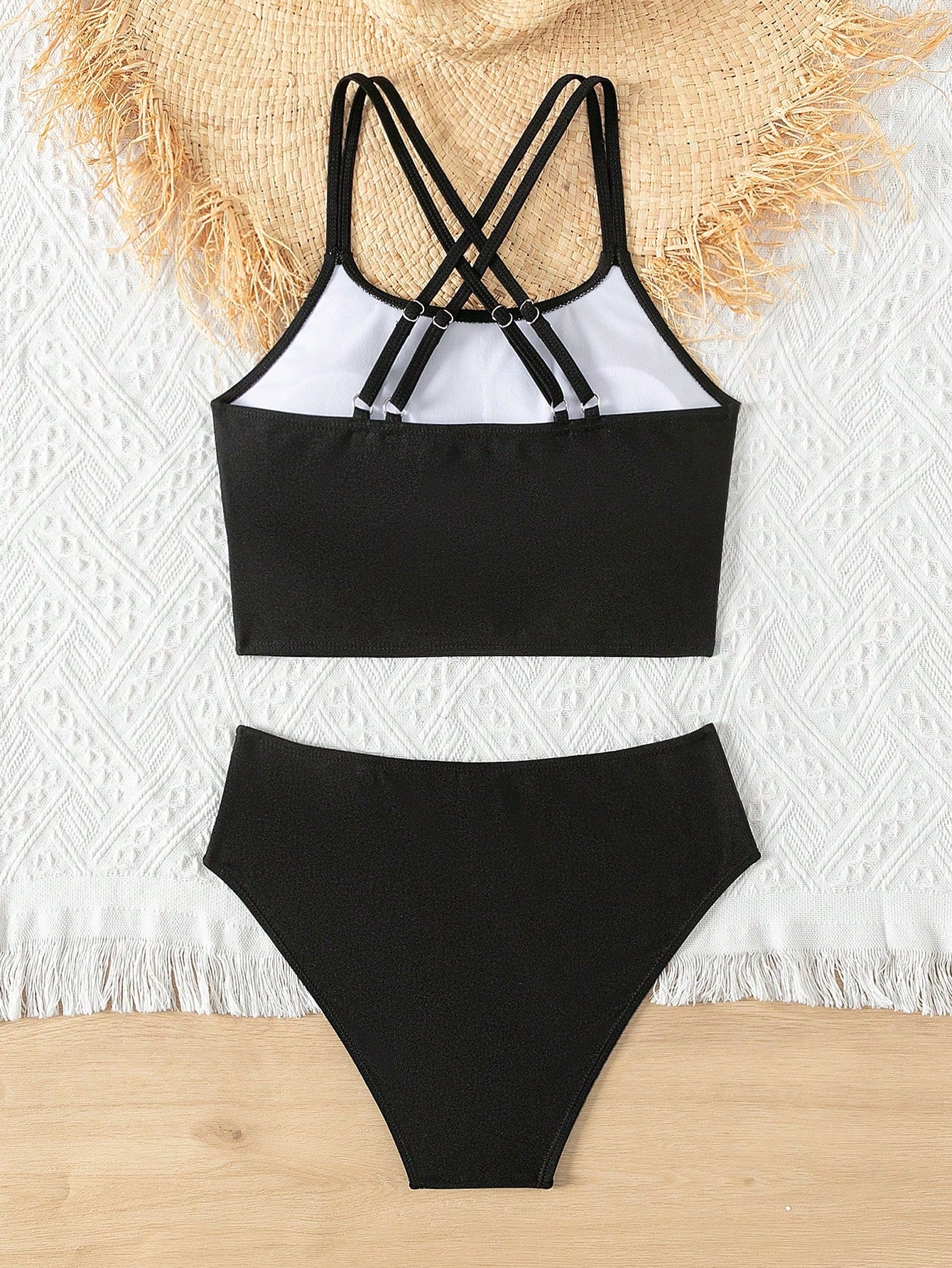 Teen Girl Solid Color Crisscross Back Bikini Swimsuit