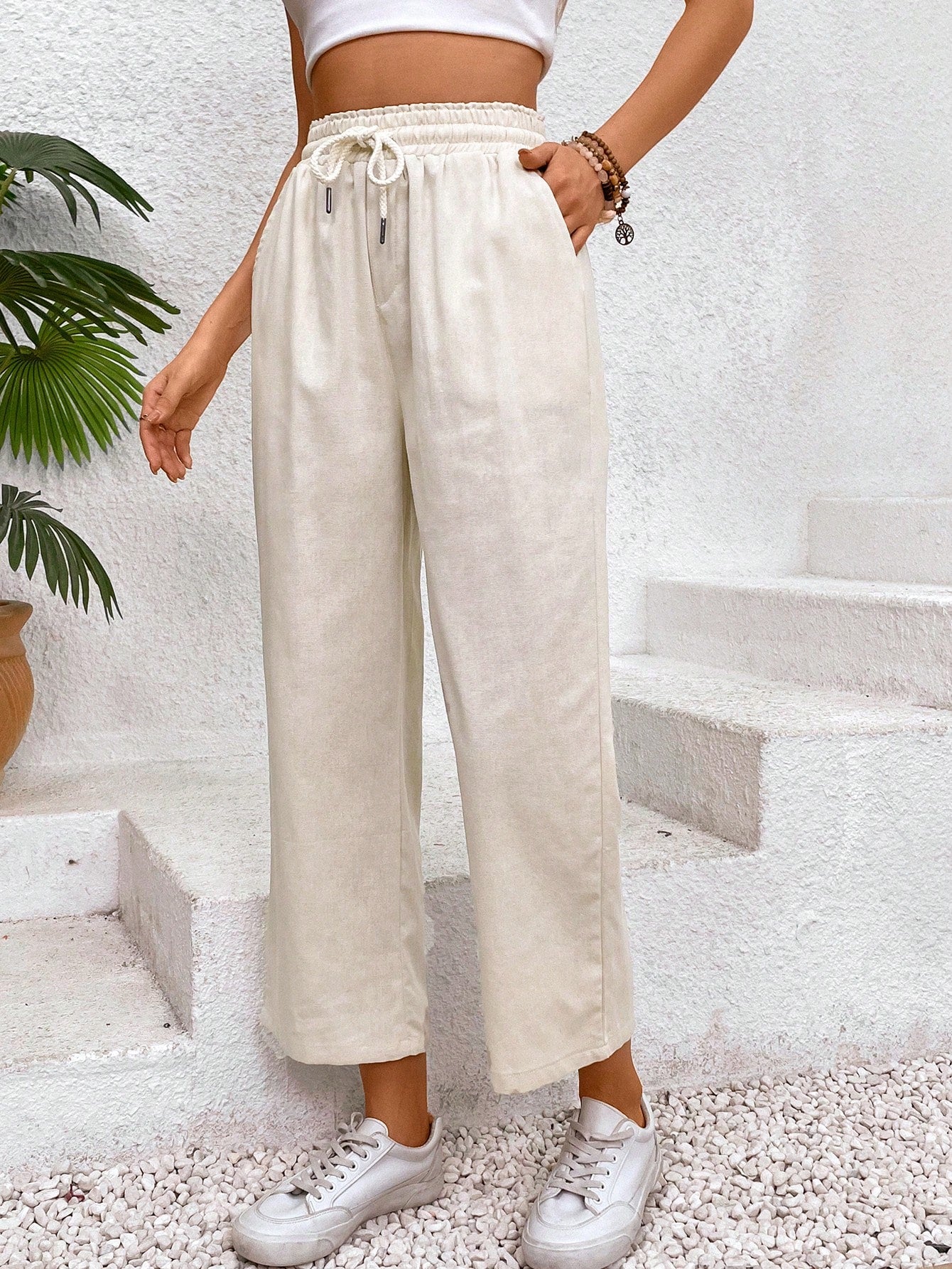 Women's Solid Color Drawstring Waist Wide Leg Pants