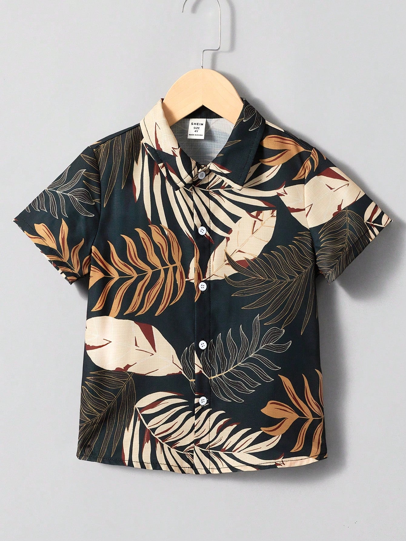 Young Boy Breathable Comfortable Short Sleeve Plant Printed Shirt Suitable For Spring And Summer