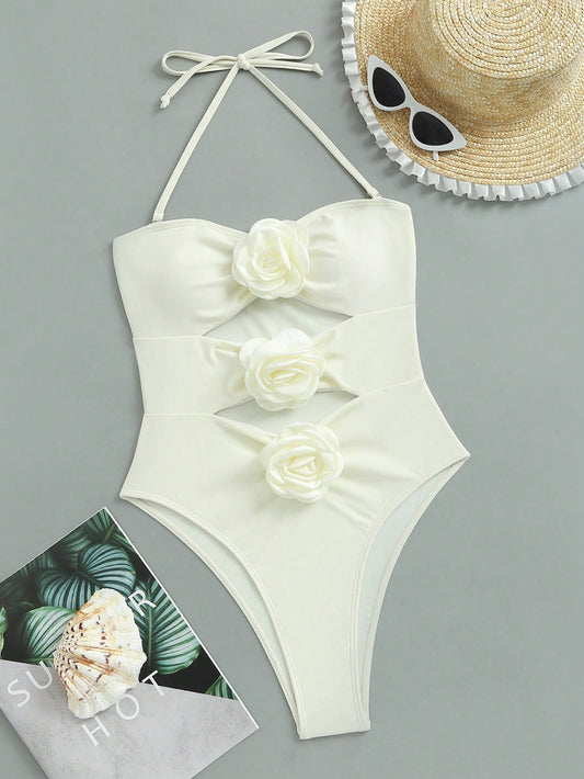 Swim Summer Beach Women's One Piece Swimsuit With 3d Flower And Hollow Out Design Wedding