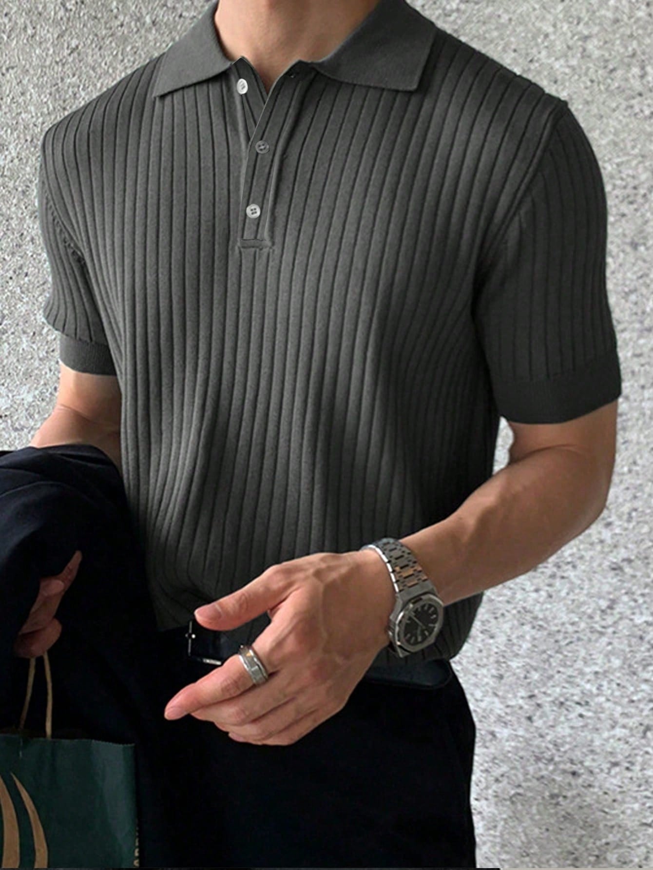 Men's Short Sleeve Ribbed Knit Polo Shirt