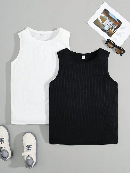 2pcs/Set Solid Color Casual Tank Tops For Teenage Boys