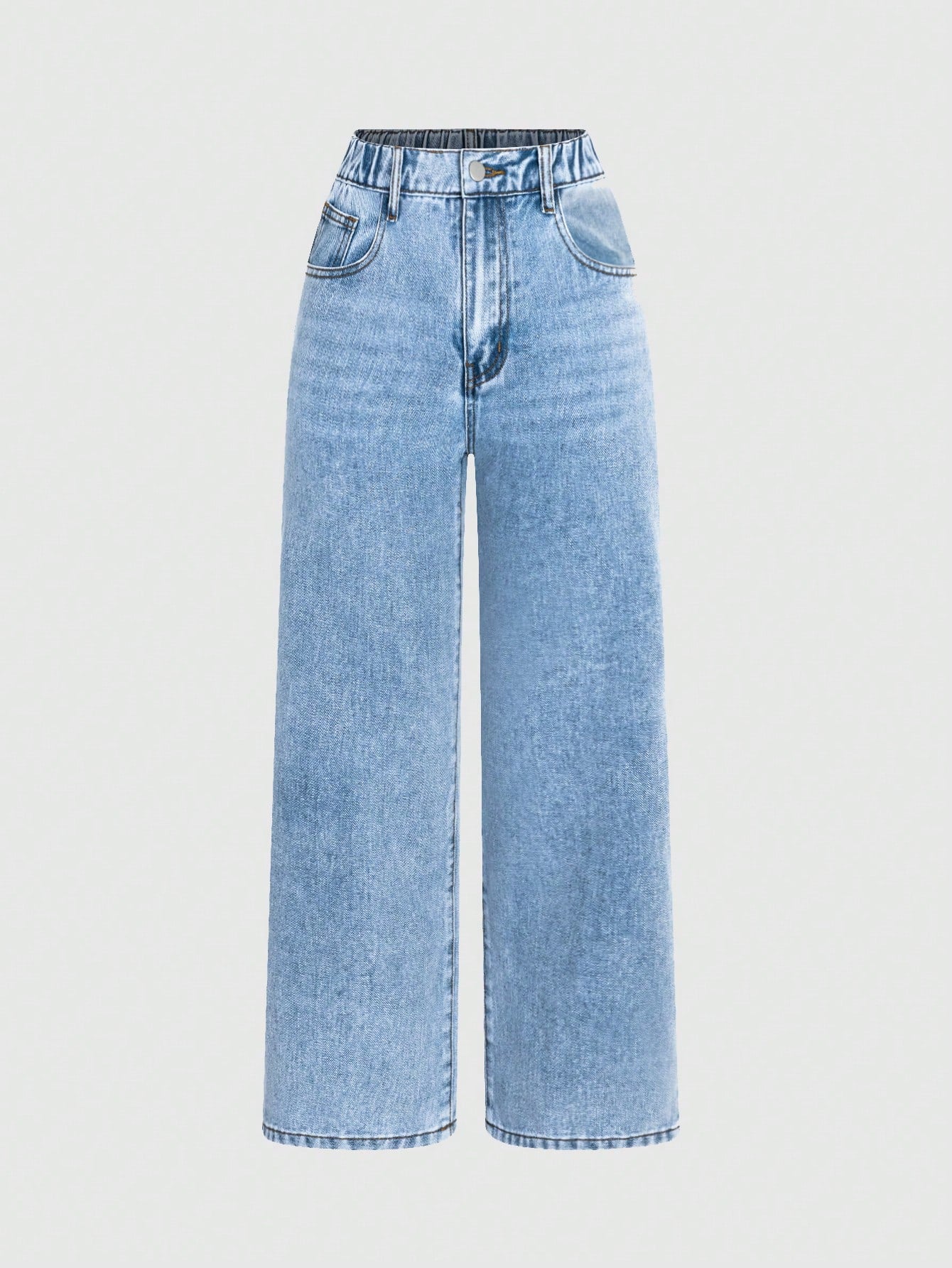 Tween Girl Casual And Versatile Light Blue Washed Denim Pants With Elastic Waistband, Casual Straight-Cut