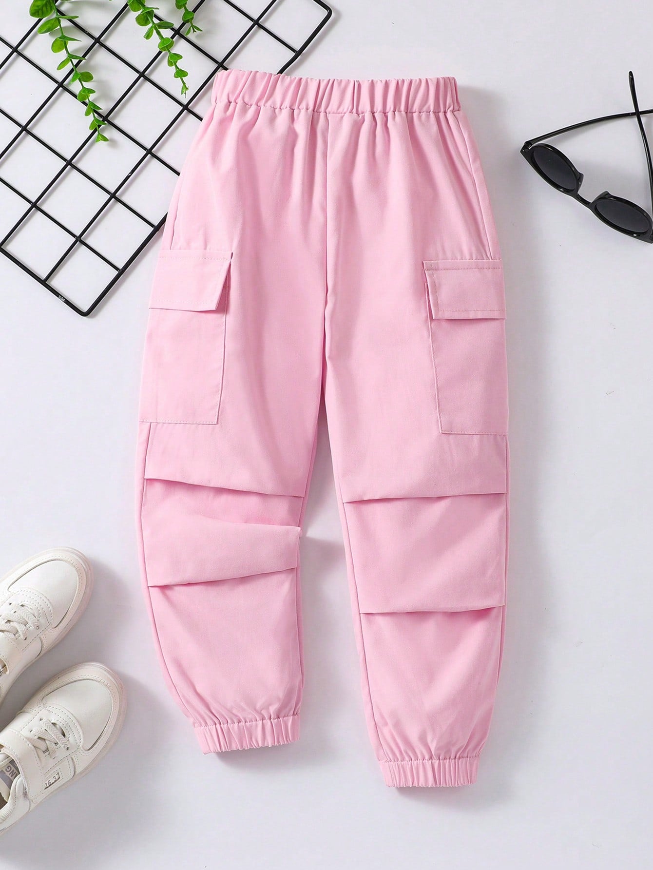 Young Girl Black Solid Color Fashionable Casual Workwear Pocket Detail Folded Hem Pants, Summer/autumn