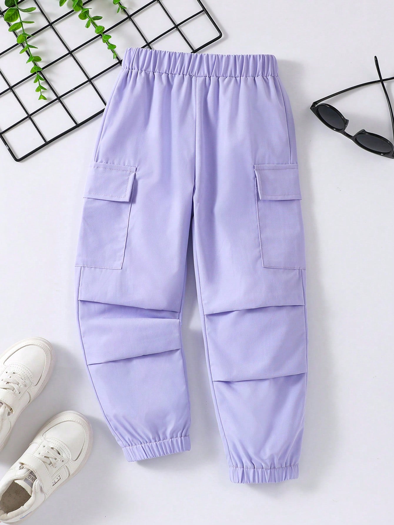 Young Girl Black Solid Color Fashionable Casual Workwear Pocket Detail Folded Hem Pants, Summer/autumn