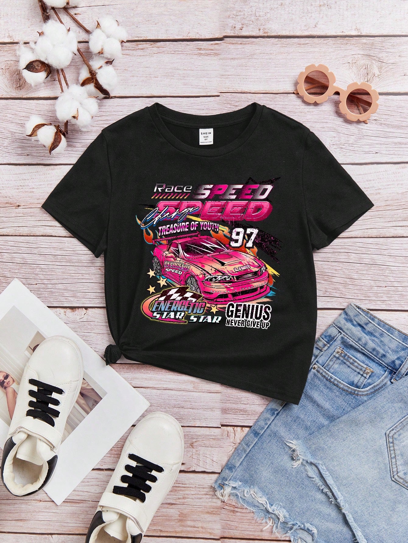 Tween Girls' Casual Letter & Car Print Short Sleeve T-shirt, Suitable For Summer