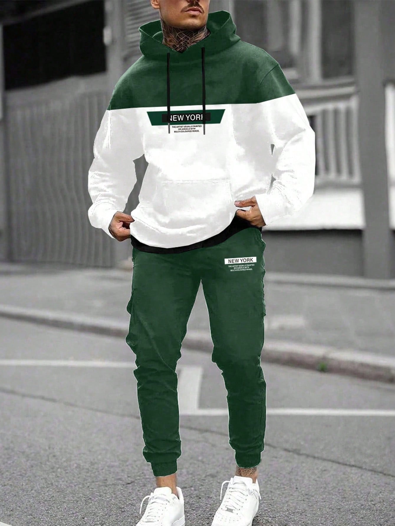 Men's Slogan Printed Color Block Hooded Sweatshirt And Joggers Two Piece Set With Drawstring