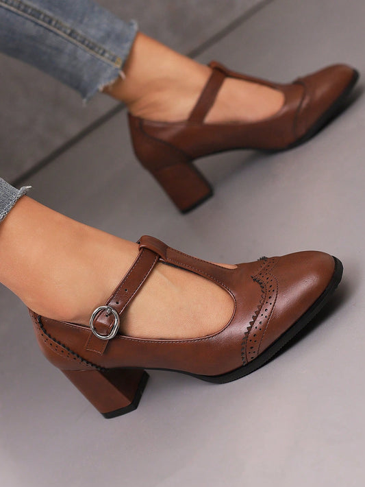 Block High Heels Pu Vintage Mary Jane Shoes In Brown For Women, Spring And Autumn Collection