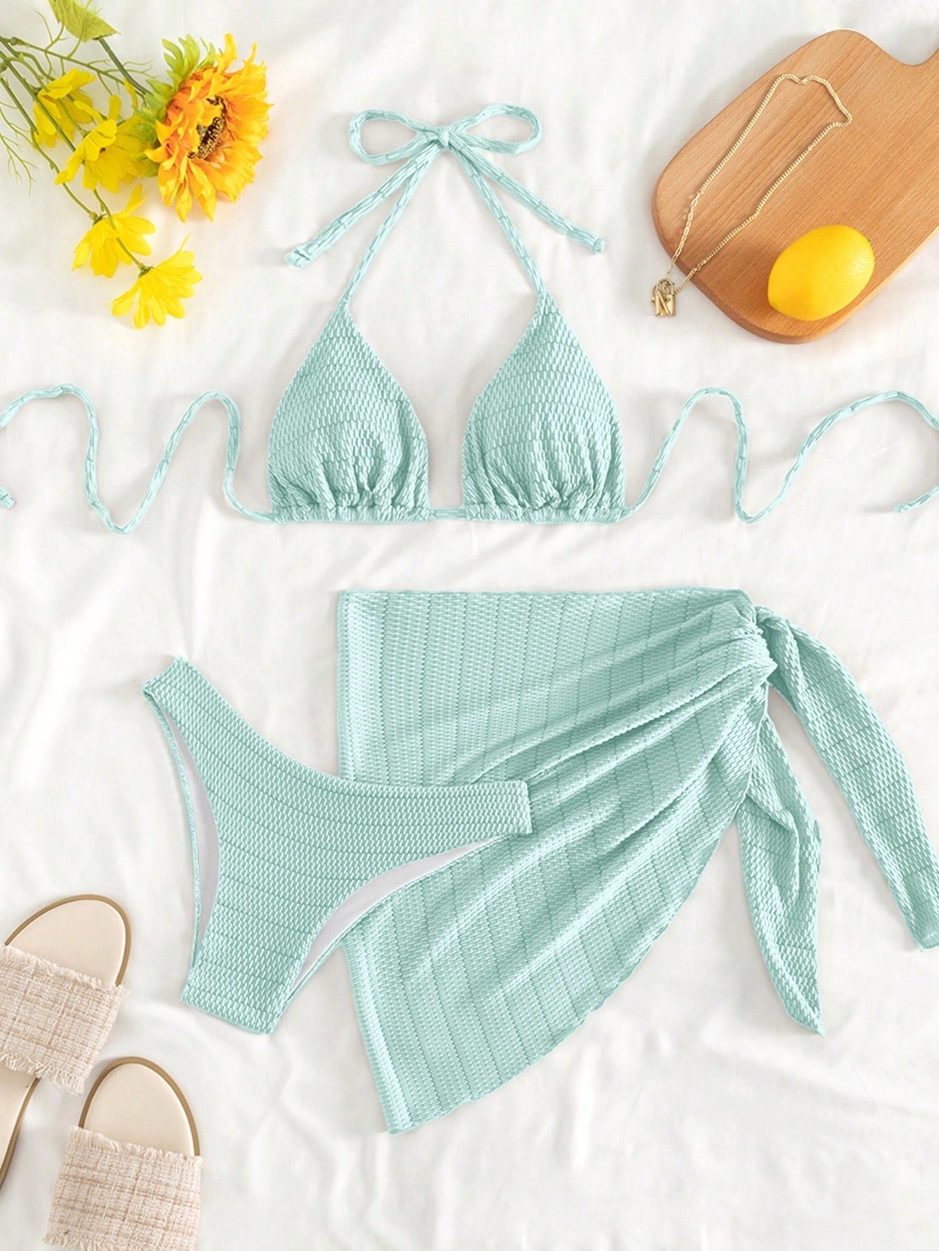 Swim Mod Summer Beach Plain Halter Triangle Bikini Set With Beach Skirt