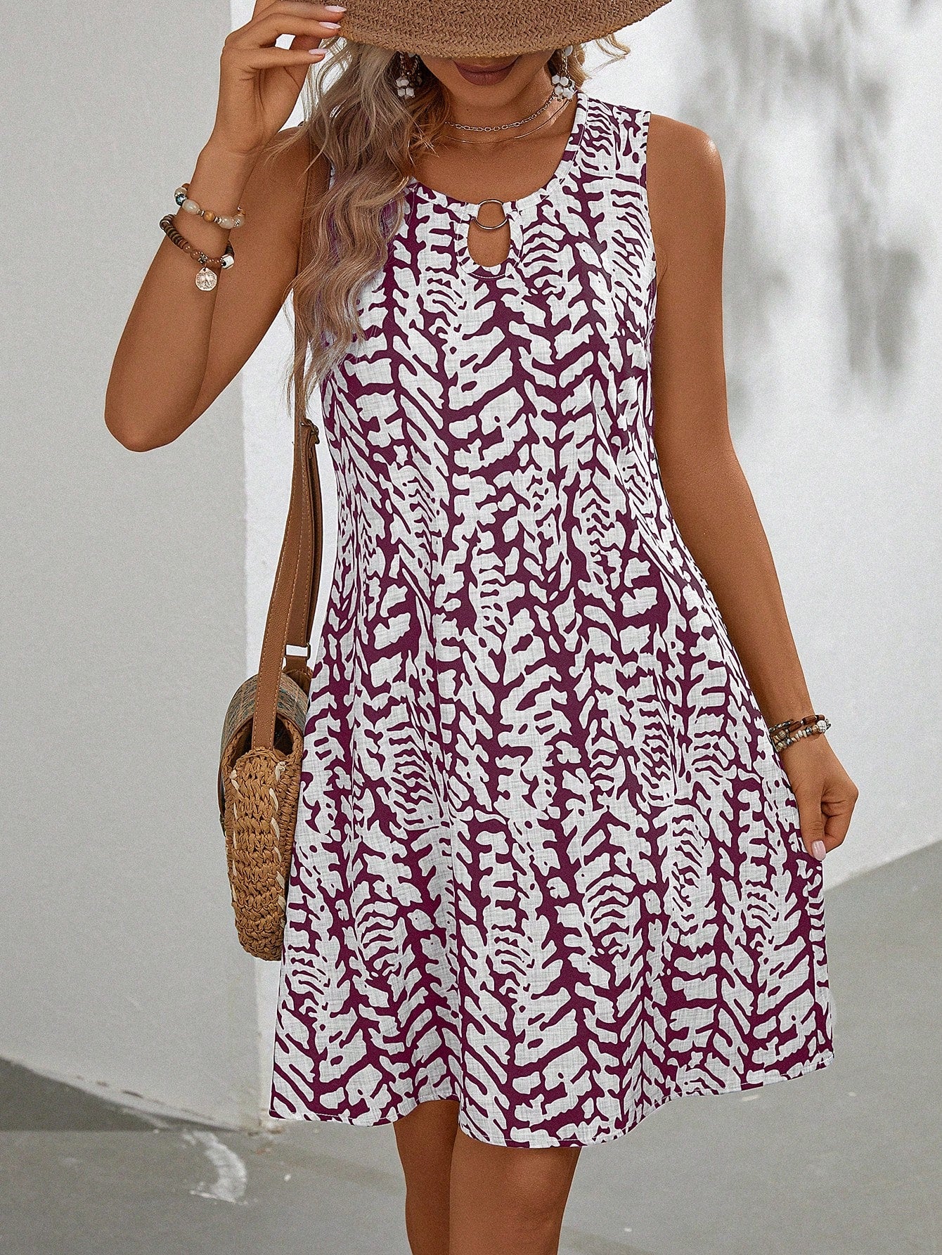 Full Printed Keyhole Collar Sleeveless Dress