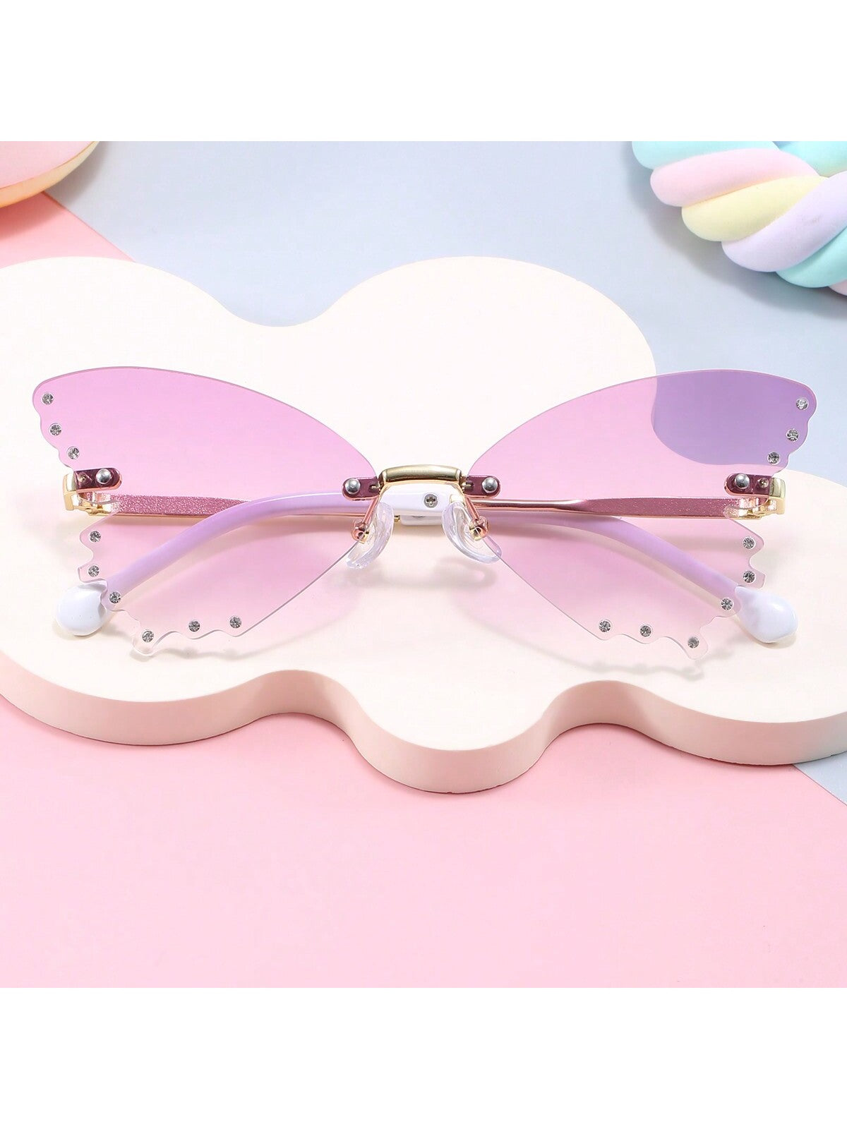 1pc Half-Metal Unframed Diamond Butterfly Shaped Sunglasses For Children, Outdoor Travel Sunshade, With Glasses Box And Cloth