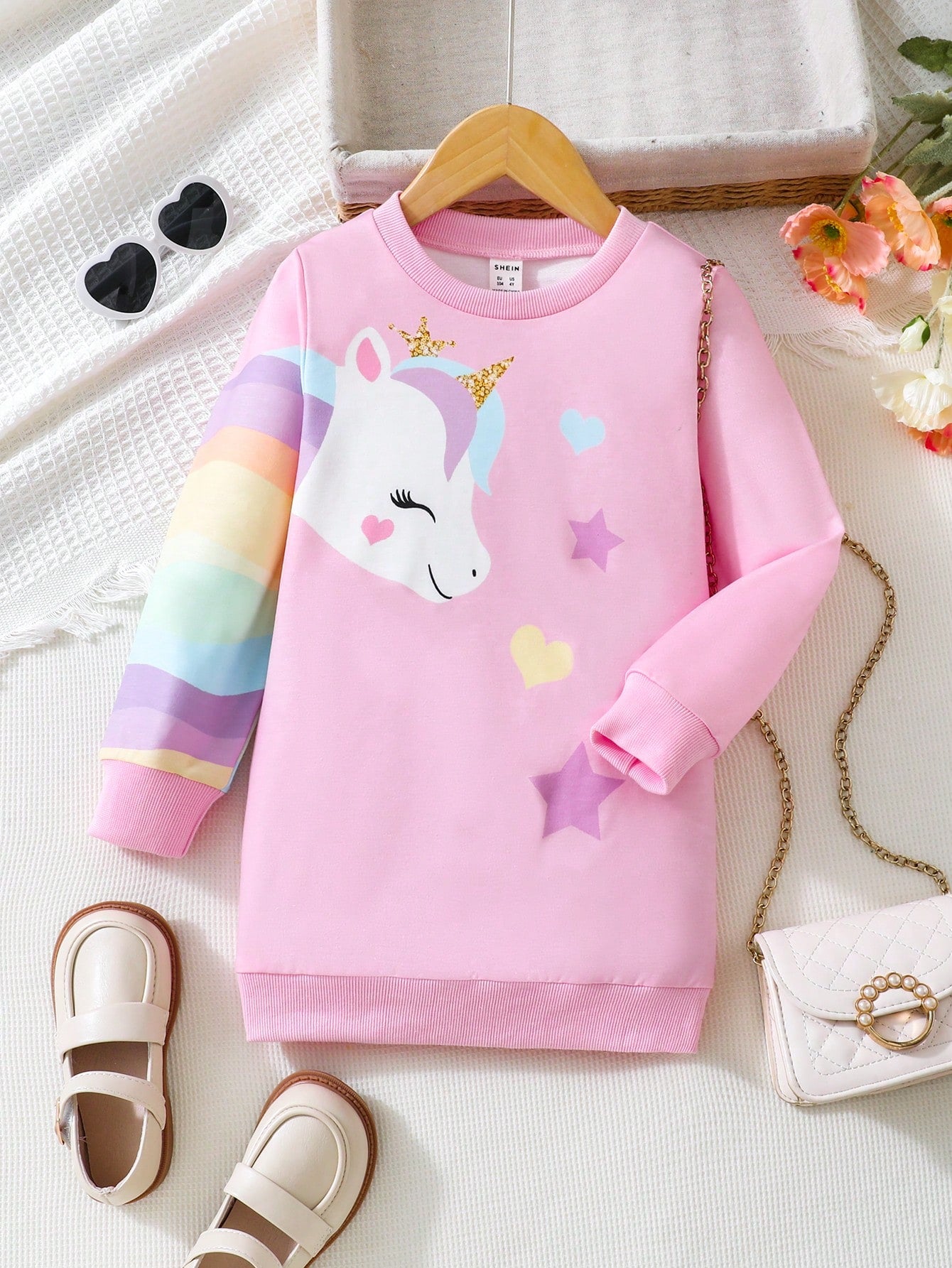 Young Girl Unicorn Print Sweatshirt Dress