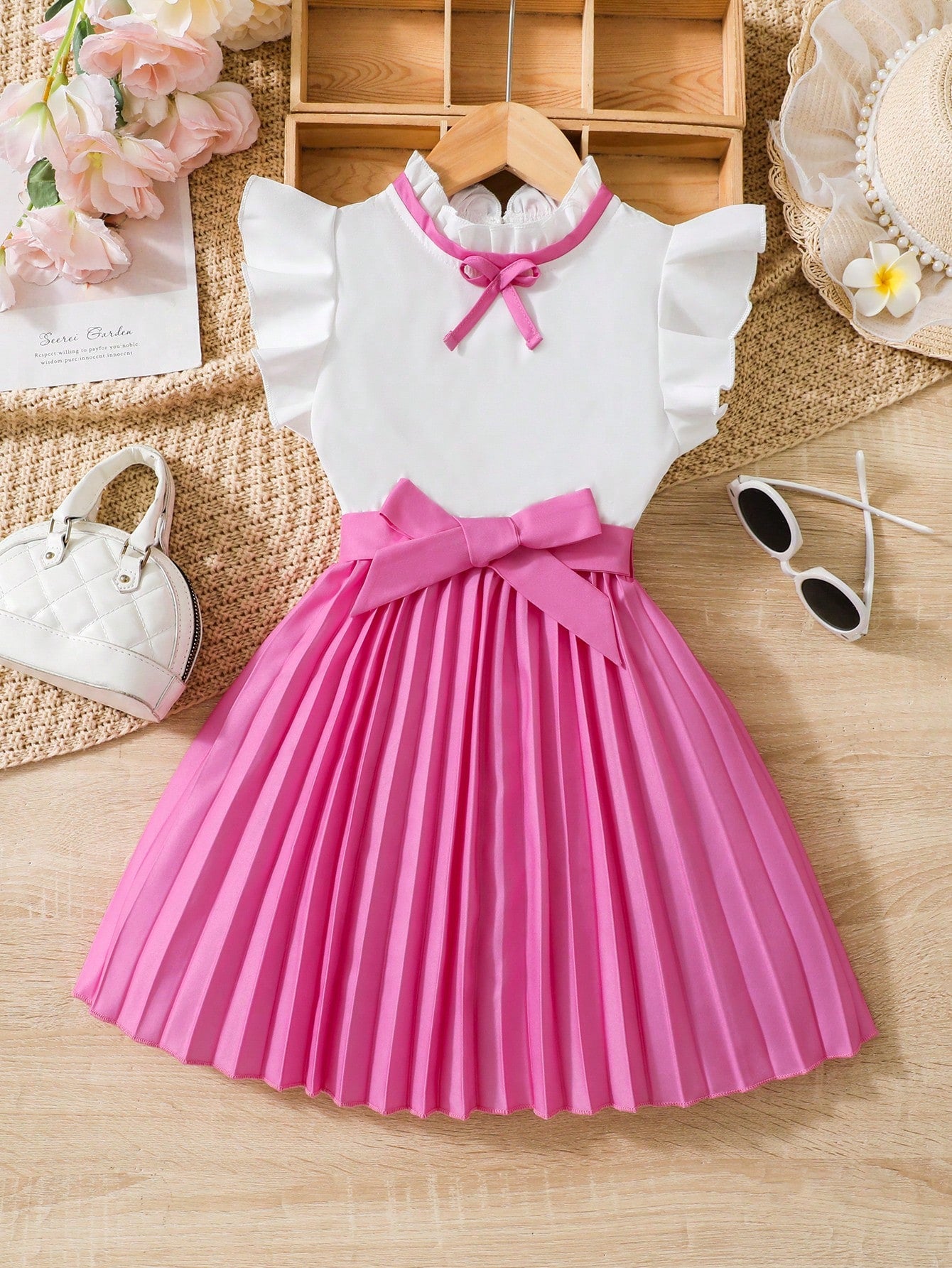 Young Girl Two Tone Bow Front Ruffle Trim Pleated Hem Dress