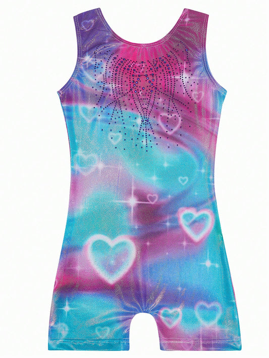 Young Girl Rhinestone Tie-Dye Heart Print Sleeveless Bodysuit Leotard For Gymnastics