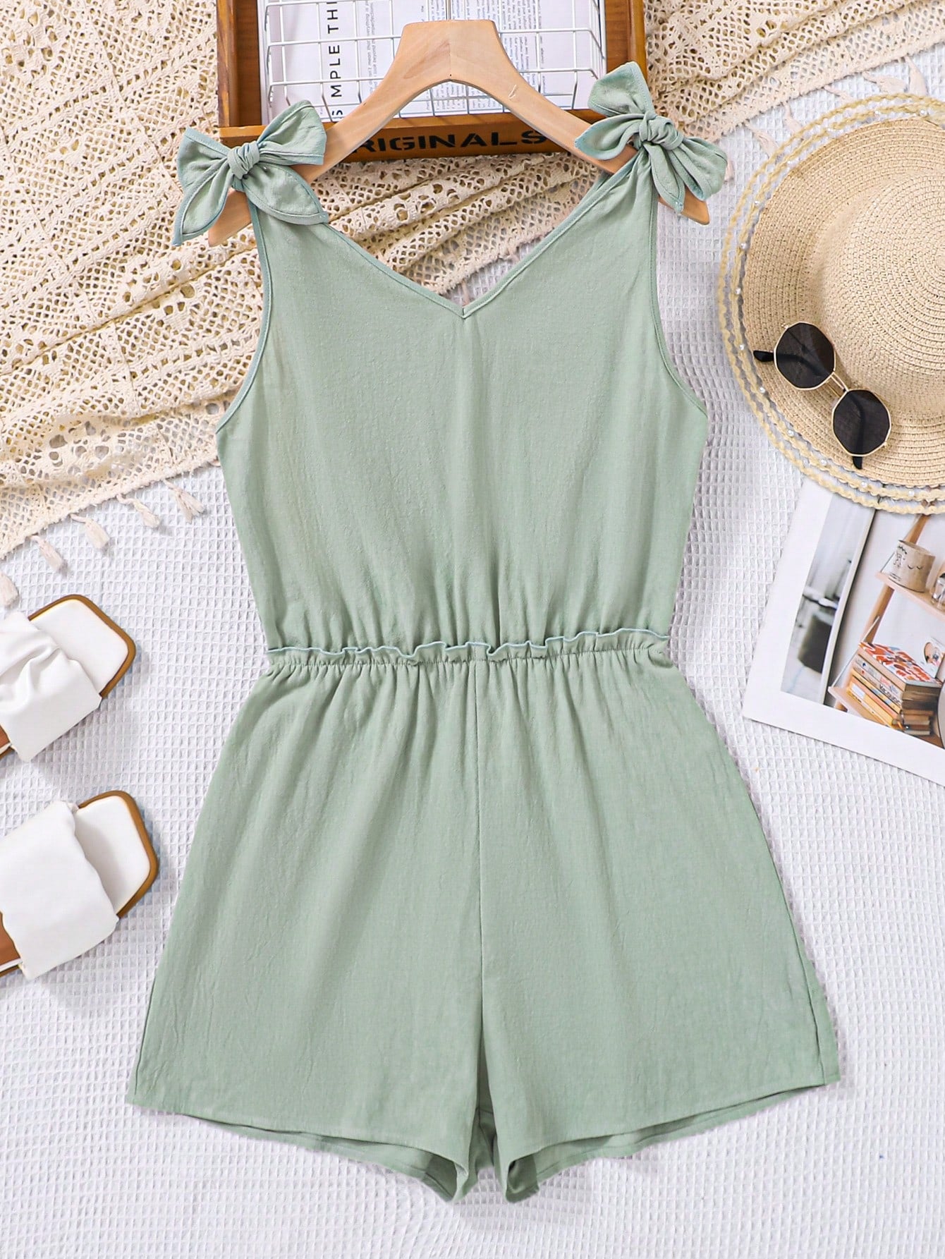 Teen Girl's Woven Solid Color V-Neck Cinched Waist Butterfly Shoulder Strap Casual Romper