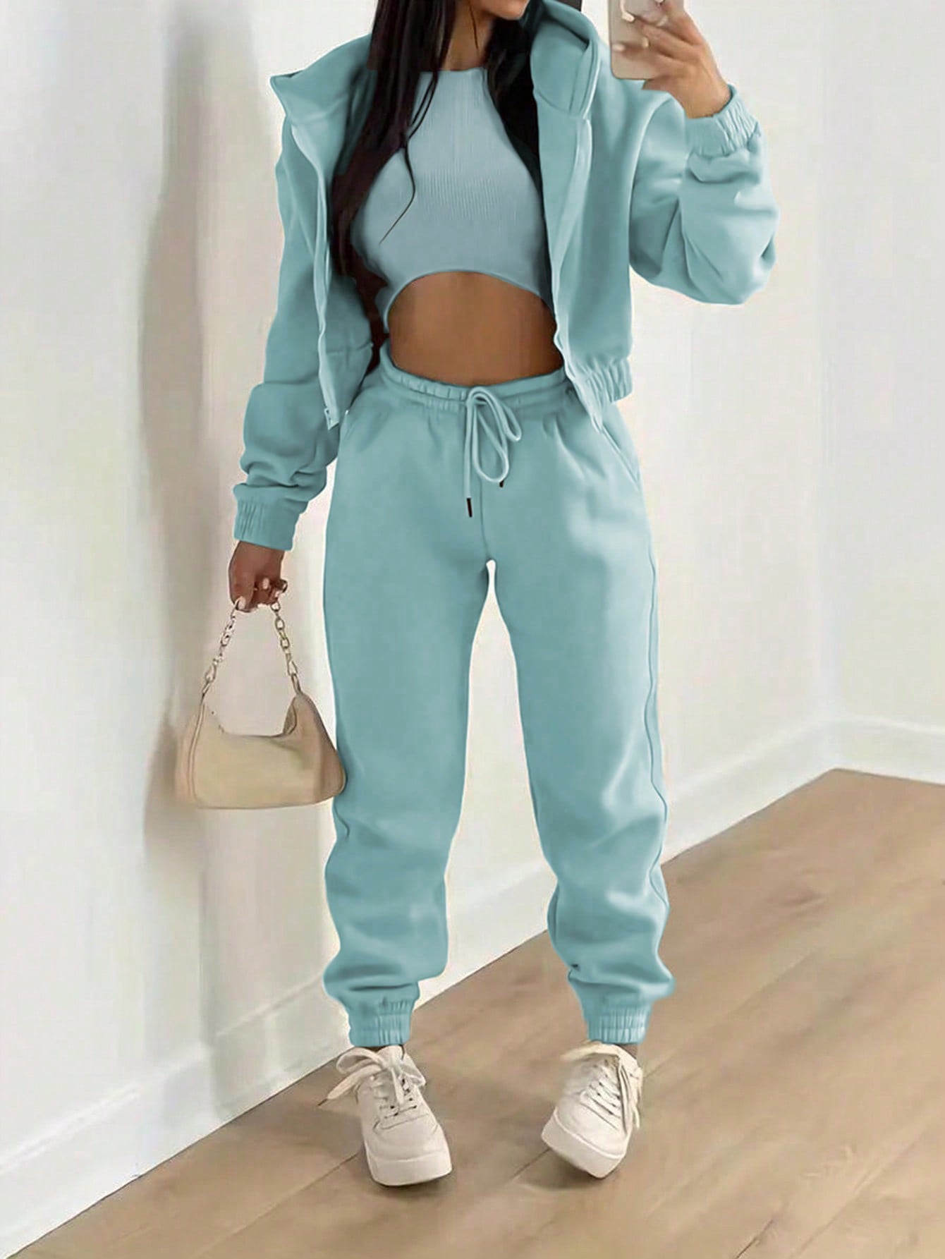 3 Piece Solid Color Hooded Short Sweatshirt And Sweatpants Vest Set