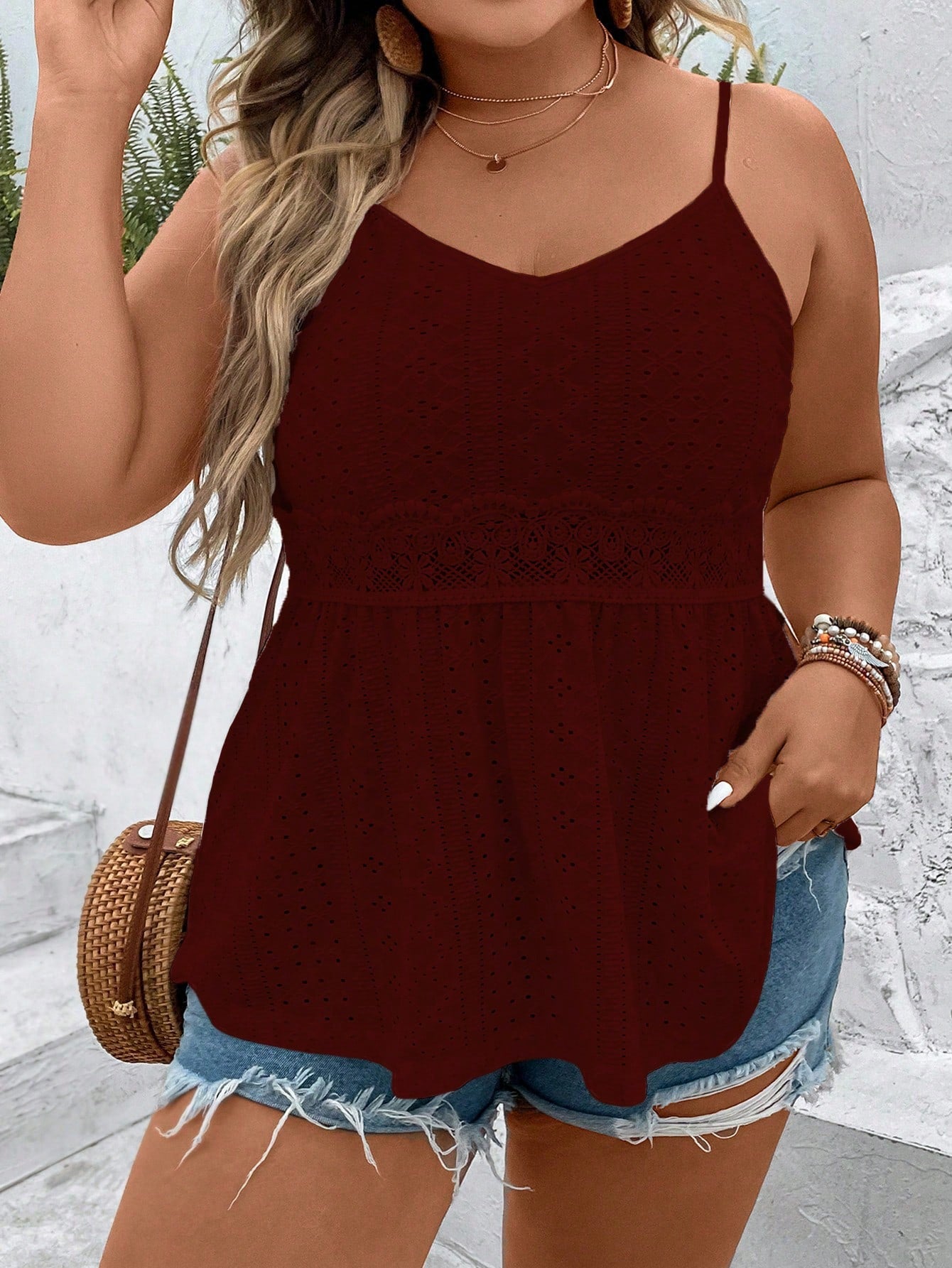 Plus Eyelet Embroidery Peplum Cami Top