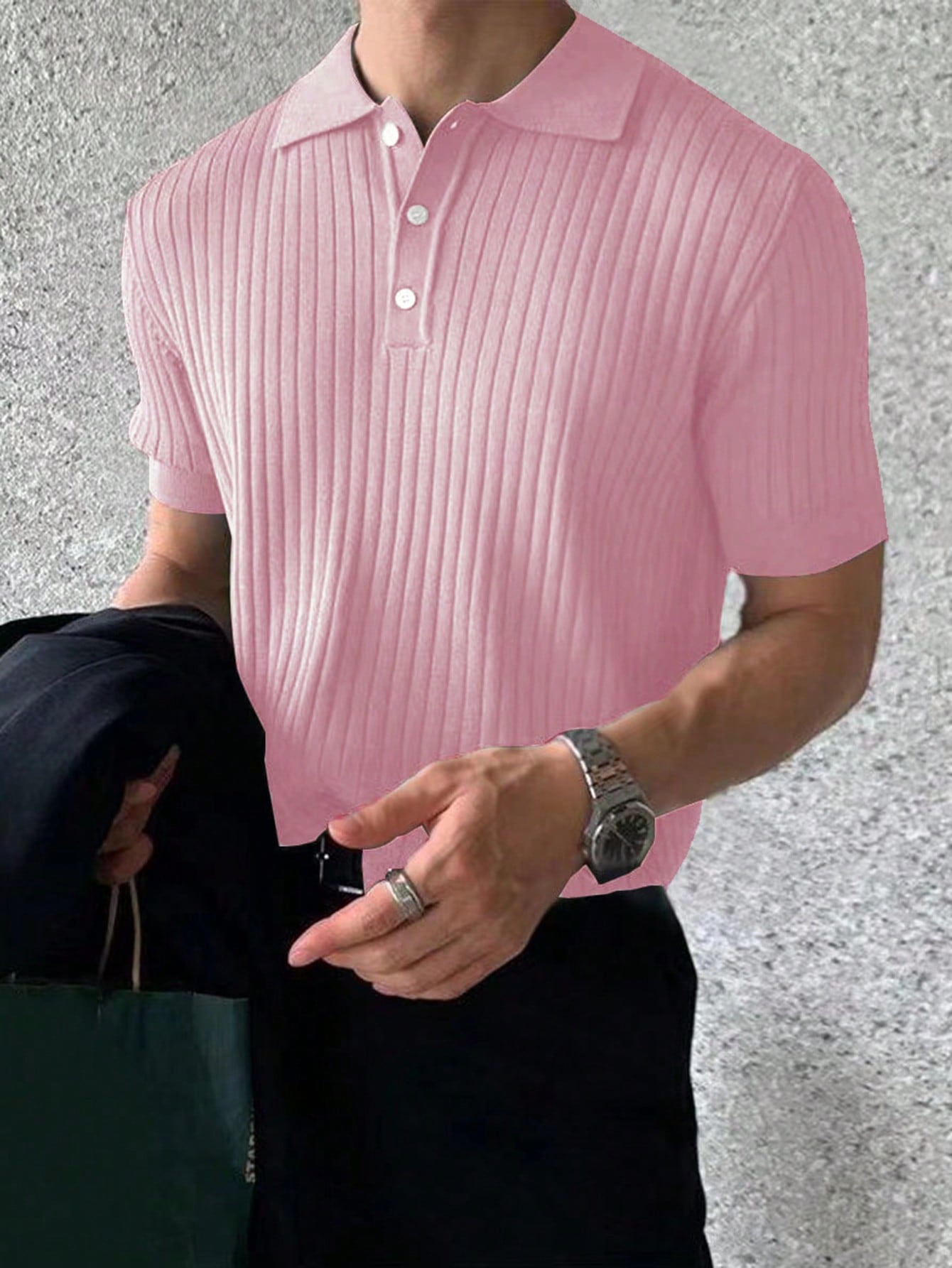 Men's Solid Color Rib-Knit Polo Shirt