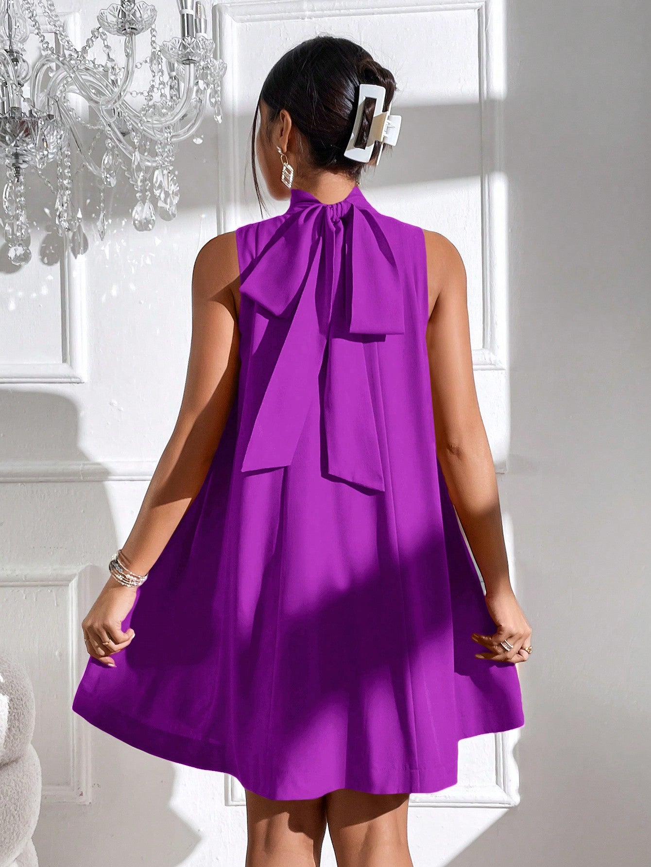 Women's Solid Color Stand Collar Sleeveless Dress