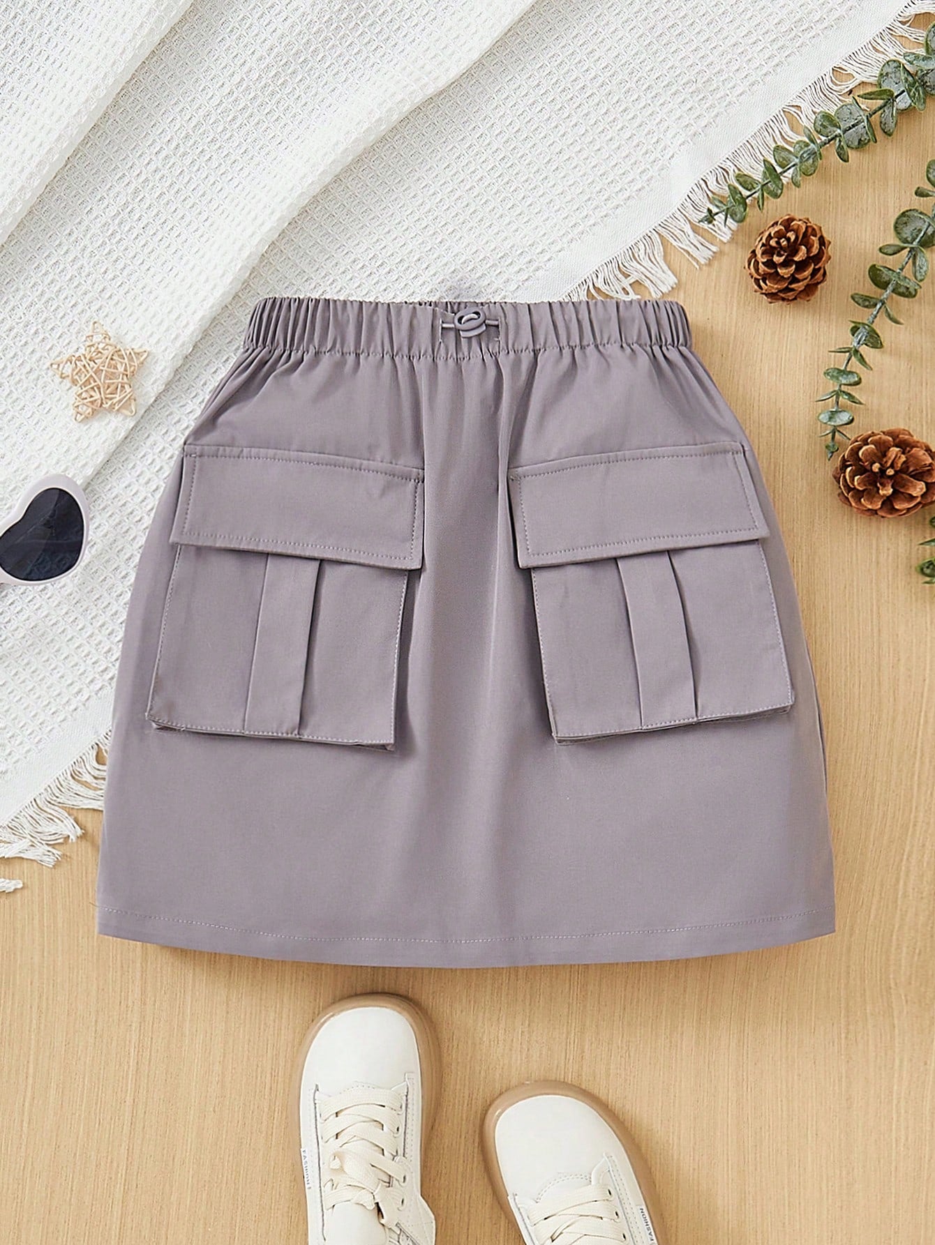 Tween Girl Vintage Style Loose Fit High-Waisted Workwear Button Front Skirt With Pockets