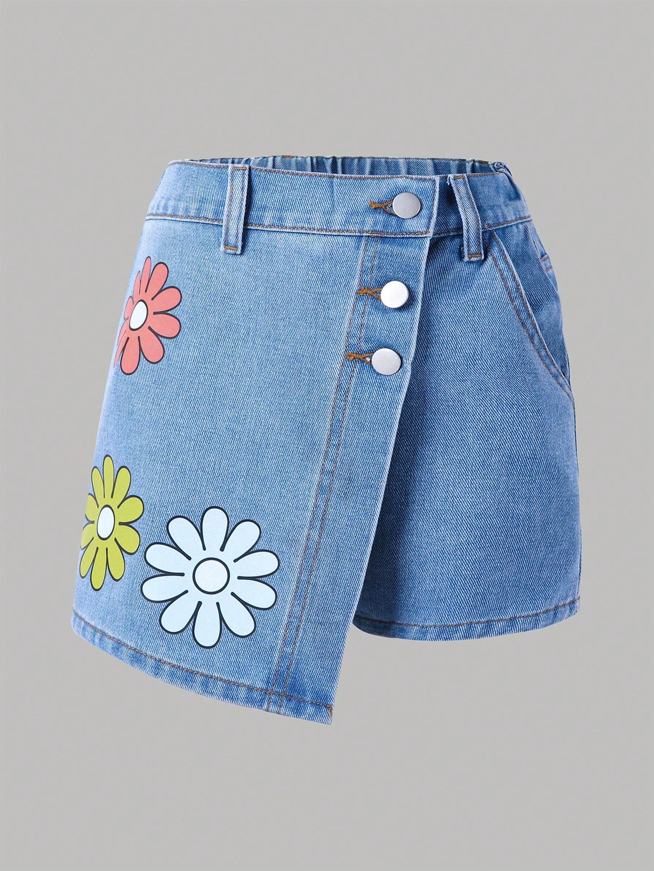 Streecool Kids Tween Girls' Casual Elastic Waist Button-Front Denim Skirt/Pants, Light Blue Washing With Cute Flower Print