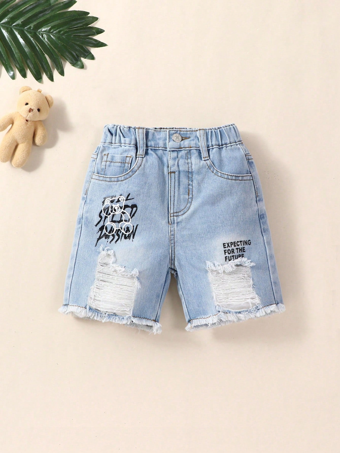 Young Boy Toddler Boys' Vintage Street Style Washed Ripped Cute Bear Printed Frayed Hem Denim Shorts In Light Blue