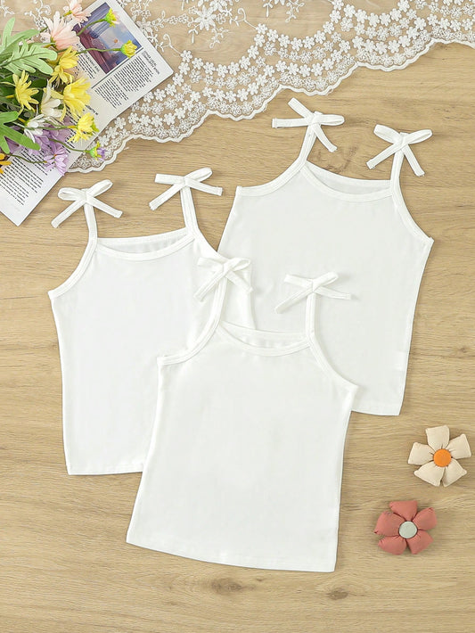 Young Girl 3pcs Plain Underwear Set With Bowknot Decorated Straps