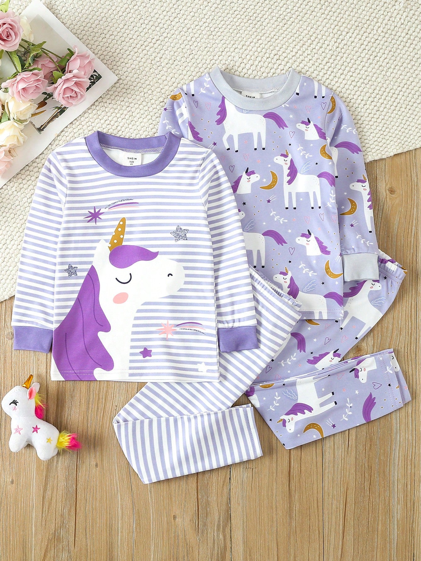 Young Girls' Simple Pegasus Print Striped Long Sleeve Top And Pants Snug Fit Homewear Set, 2pcs