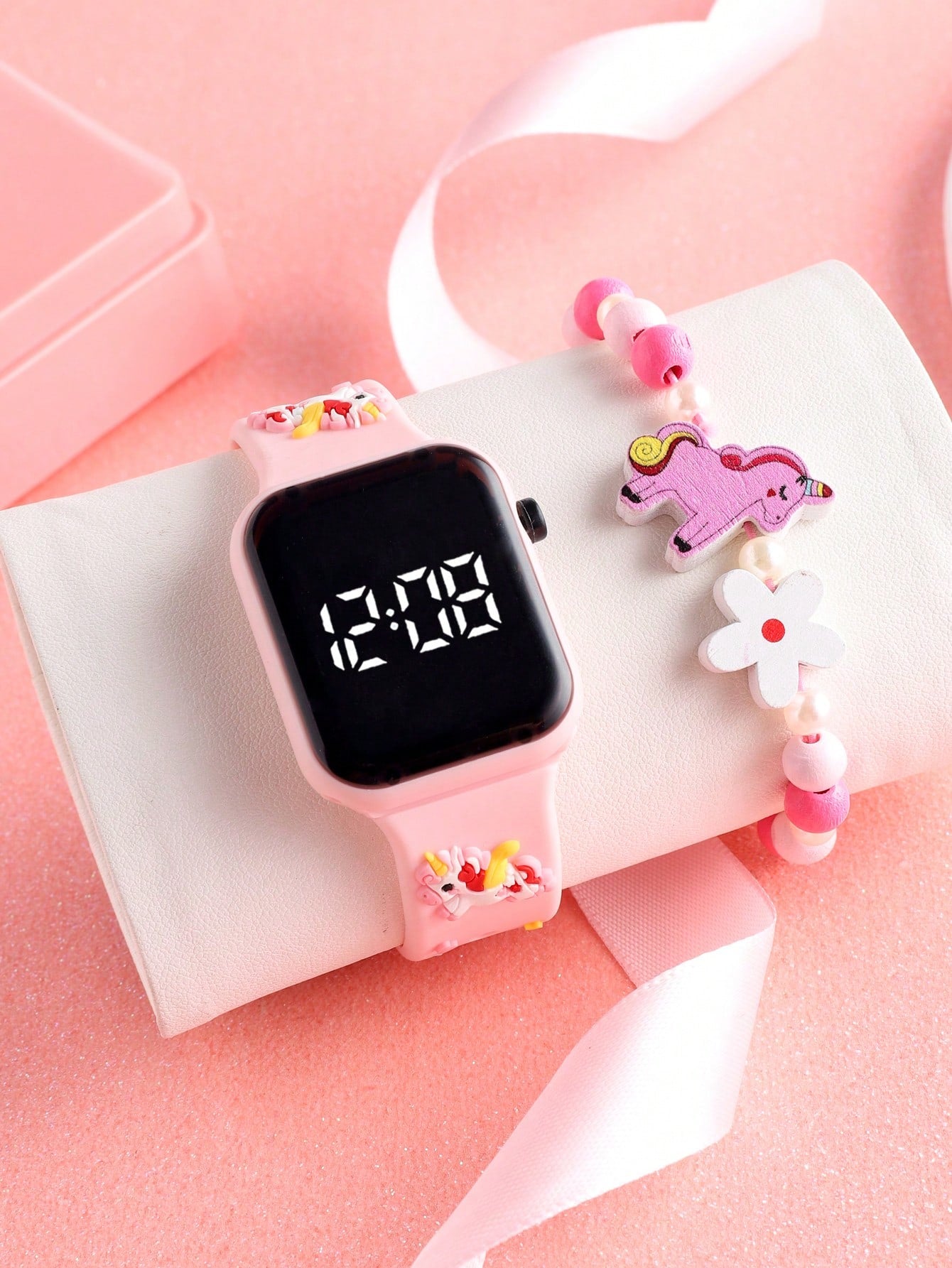 1pc Dry Cell Unicorn Led Square Bracelet Digital Electronic Watch & 1pc Beaded Unicorn Bracelet Suitable For Daily Wear For Girls